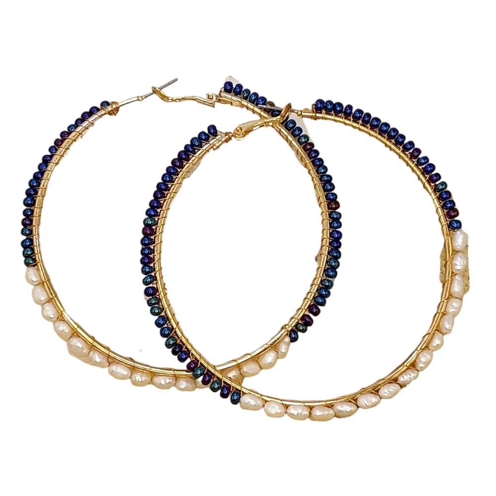 Pearl Beaded Hoop Earrings, Pearls, Glass Beads, 3 Sizes Avail Women's Jewelry